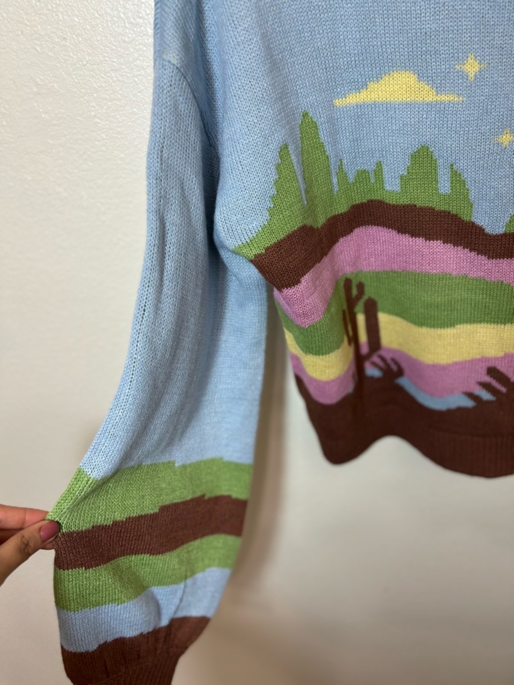 Vintage Light Blue Western Landscape Crewneck Sweater - Picture 4 of 6